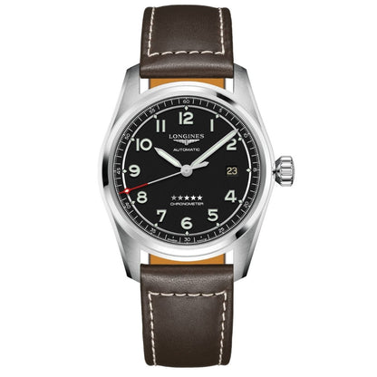 Longines Spirit orologio da uomo automatico cronometro con cassa in acciaio, cinturino in pelle marrone e quadrante nero - Codice orologio: L38104530