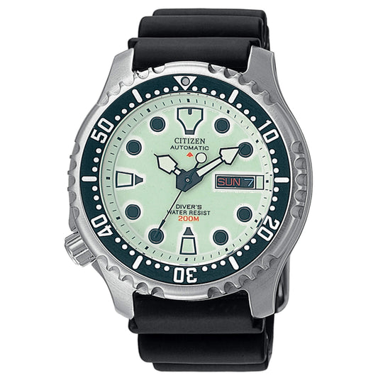 Orologio da uomo subacqueo automatico solo tempo della collezione Citizen modello Promaster Diver's Automatic 200 mt con cassa in acciaio, cinturino in poliuretano nero e quadrante giallo - Impermeabile fino a 200 metri, ideale per immersioni e sport acquatici