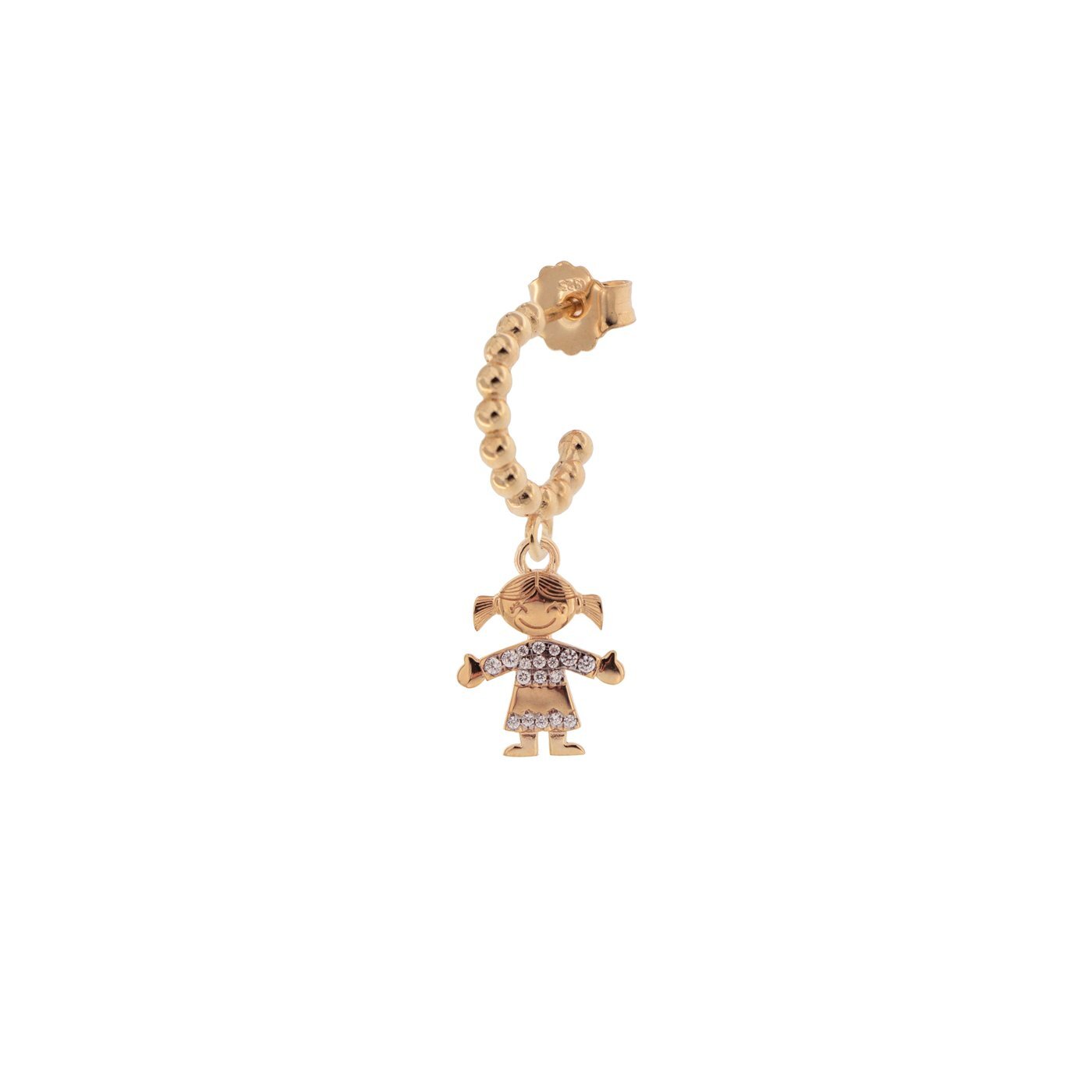 Rue Des Mille mono orecchino a cerchietto in argento 925 placcato in oro rosa 18 kt con soggetto "bimba" e zirconi - Codice mono orecchino: ORZ-007 BIMBA