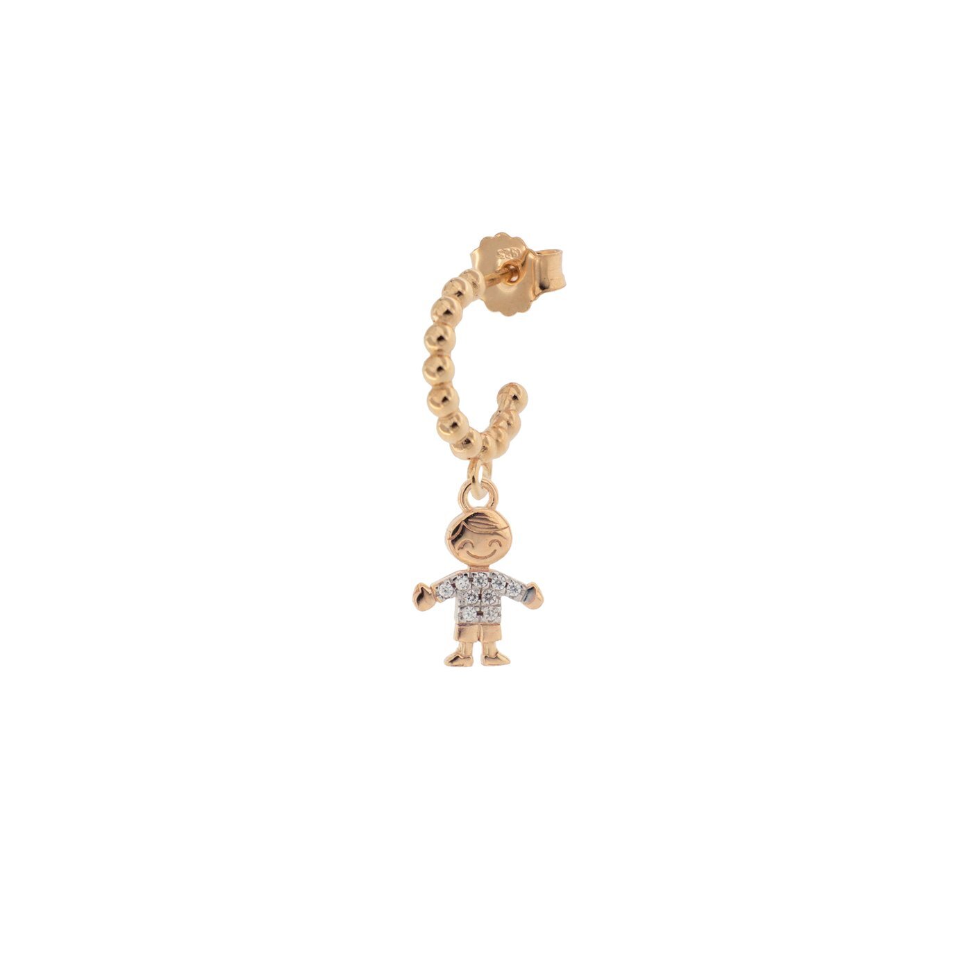 Rue Des Mille mono orecchino in argento 925 placcato in oro rosa 18 kt con soggetto "bimbo" e zirconi bianchi - Codice mono orecchino: ORZ-007 BIMBO