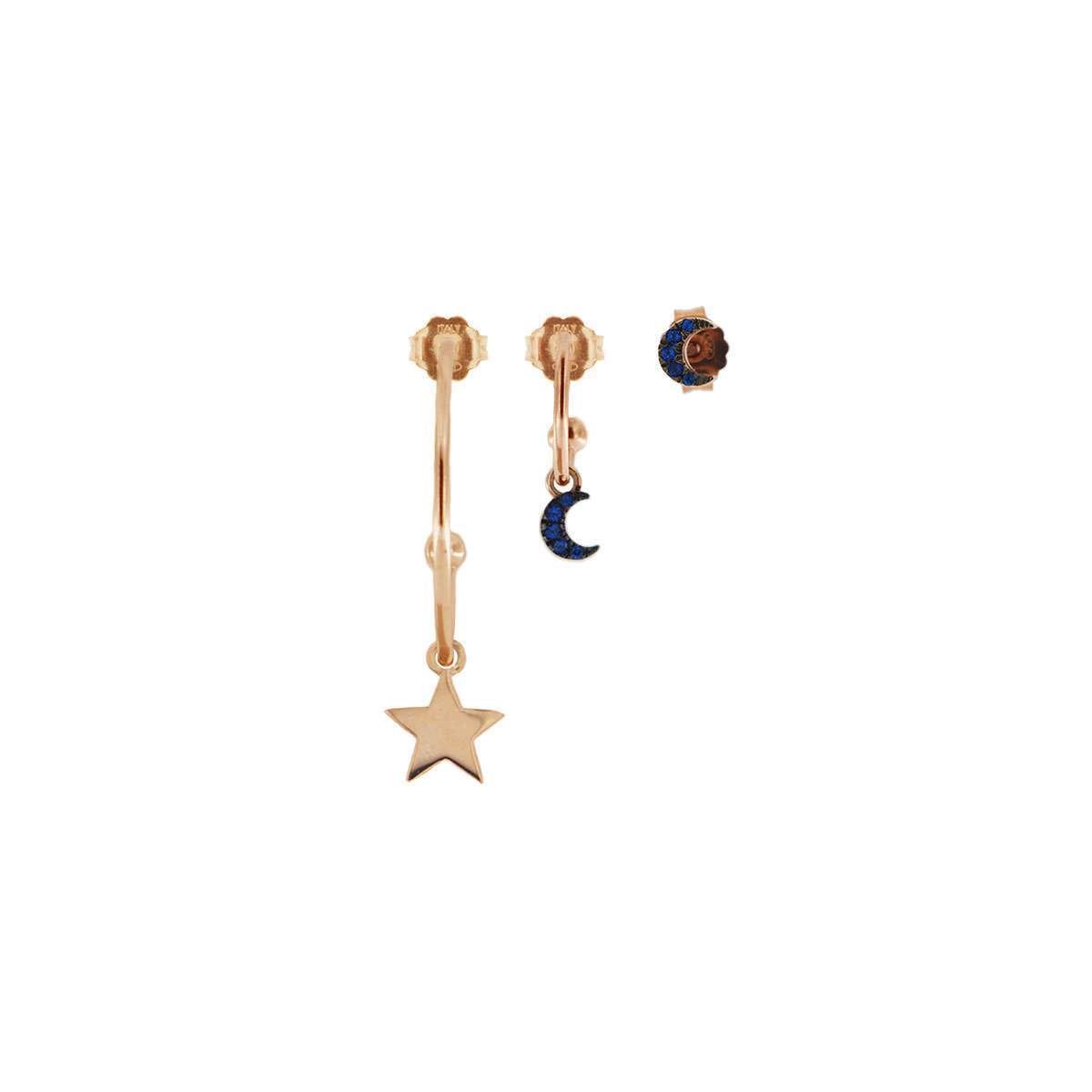 Rue Des Mille orecchini set di 3 pezzi con soggetto Stella / Luna / Luna in argento 925 placcato in oro rosa 18 kt e zirconi blu - Codice orecchini: ORZ-3PZ C5 RSA