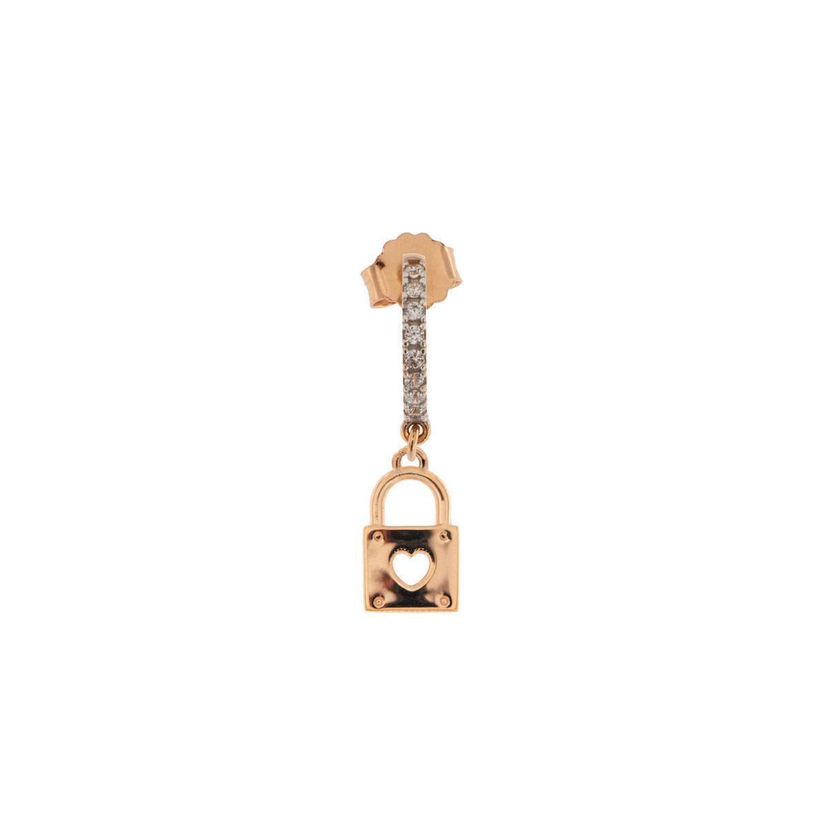 Rue Des Mille mono orecchino a cerchietto in argento 925 placcato in oro rosa 18 kt con soggetto "lucchetto" e zirconi - Codice mono orecchino: ORZ-FA LUC
