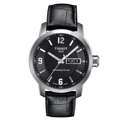 Orologio da uomo solo tempo della collezione Tissot T-Sport PRC 200  Cassa in acciaio inossidabile con diametro di 39 mm e spessore di 10,5 mm Quadrante di colore nero con indici e lancette color argento e datario a ore 3 Vetro zaffiro antigraffio Movimento al quarzo Swiss Made calibro ETA 805.112 Resistente all'acqua fino a 200 metri (20 bar) Cinturino in pelle effetto alligatore di colore nero Codice prodotto: T055.410.16.057.00