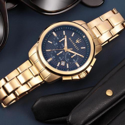 Maserati Successo orologio da uomo cronografo al quarzo con cassa e cinturino in acciaio con trattamento in pvd oro e quadrante blu - Codice orologio: R8873621021