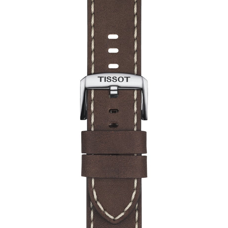 Orologio da uomo automatico solo tempo della collezione T-Sport Tissot modello Gent XL Swissmatic con riserva di carica fino a 72 ore, cassa in acciaio, cinturino in pelle marrone e quadrante bianco