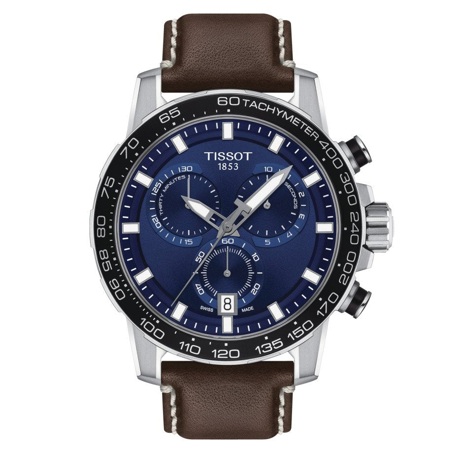 Orologio da uomo cronografo al quarzo della collezione T-Sport Tissot modello Supersport Chrono con cassa in acciaio, cinturino in pelle marrone e quadrante di colore blu